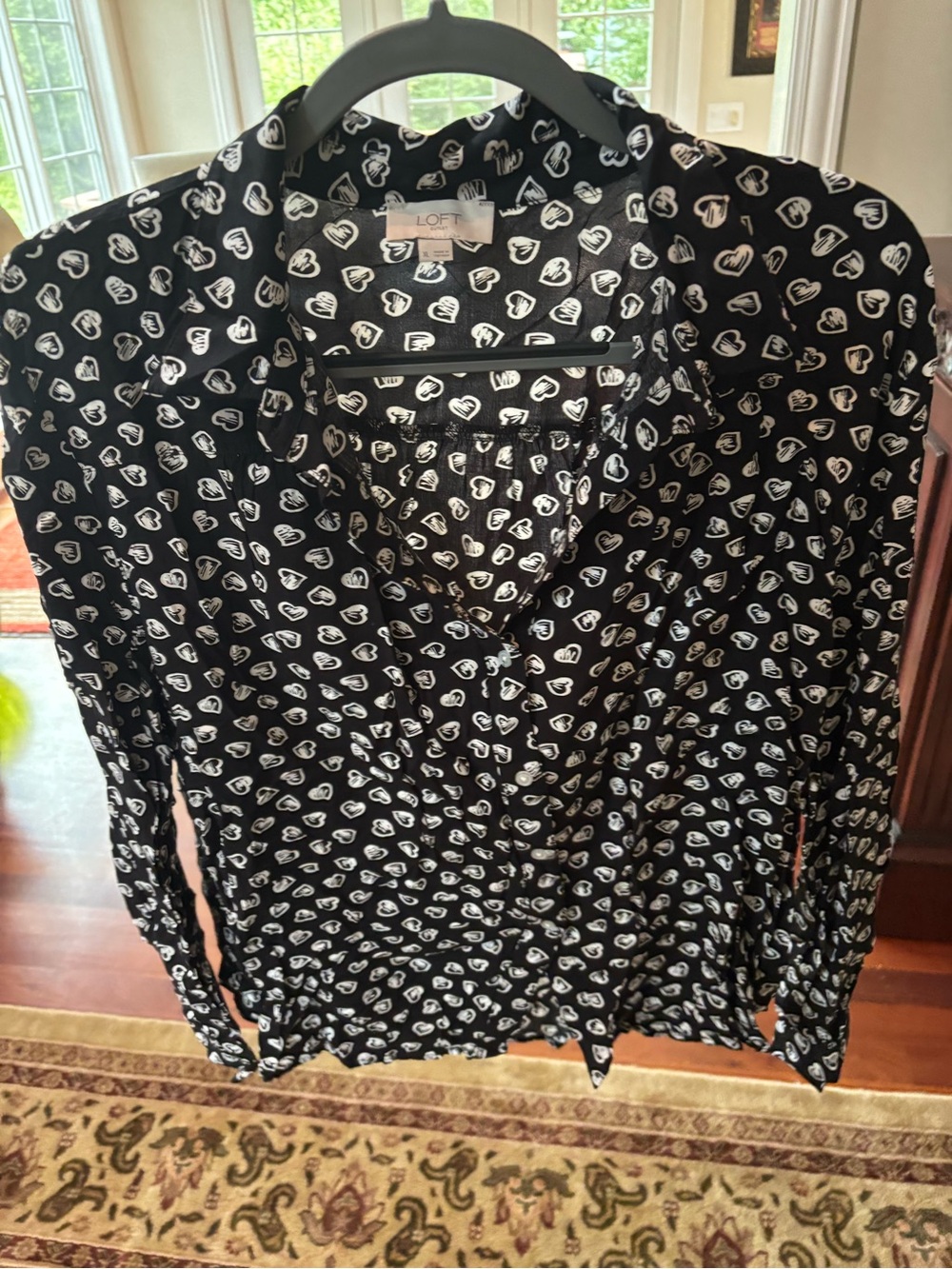 LOFT Black Heart-Print Long Sleeve Blouse